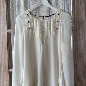 Cream Blouse with Lace and Ribbon Details